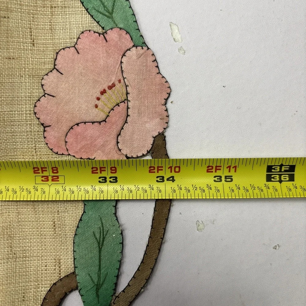 Antique Oval Shape Linen Doily‎ Hand Appliqued Poppy Flowers Poppies 34 Inch